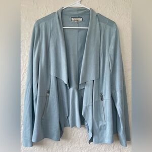 Bagatelle Collection plus women's faux suede drape-front jacket, dusty blue; 1X